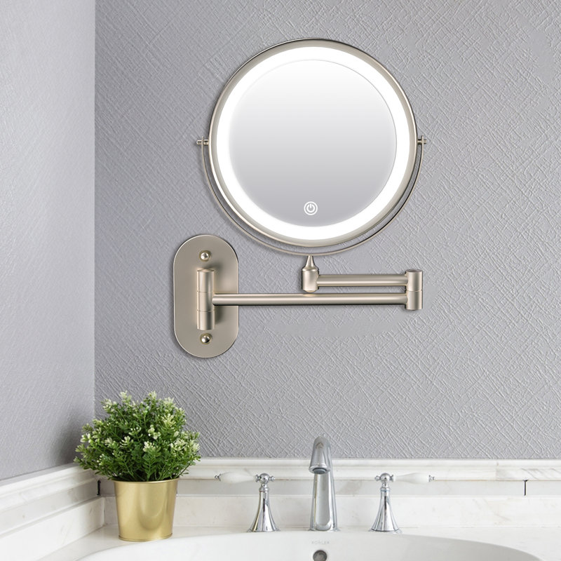 Miroir de maquillage mural pour salle de bain Vanna, Nickel brossé, Rond