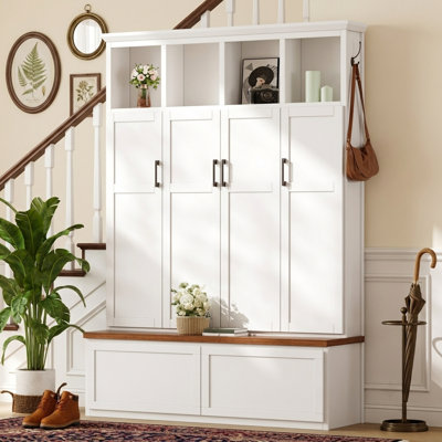 54.72" Wide Hall Tree with Bench, Four Coat Cabinets, Two Storage Drawers, Open Cubby Shelves, Modern Farmhouse, Entryway