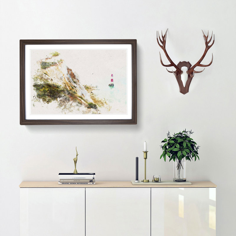 Lighthouse by the Coast Watercolour - Picture Frame Graphic Art Print, 33cm H x 45cm W x 2cm D, Walnut Framed
