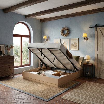 King Wooden Platform Bed Frame Without Headboard, Hydraulic Lift Up Storage, No Box Spring Needed, Natural Wood