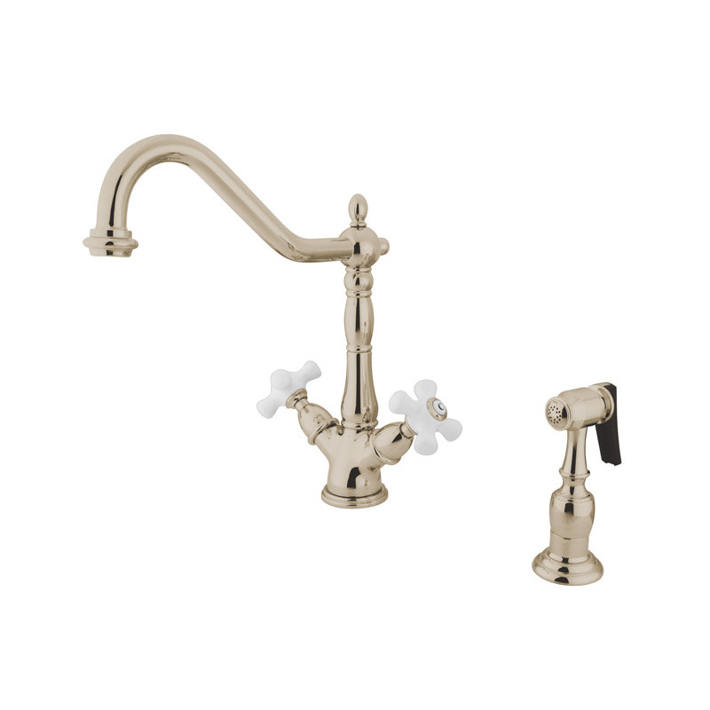 Heritage Deck Mount Double Handle Single Hole Kitchen Faucet with Porcelain Cross Handles, Polished Chrome