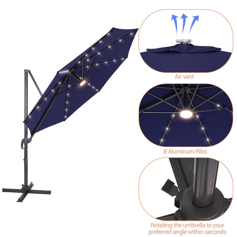 Parasol lumineux en porte-à-faux 11 pi Luna, Rubis