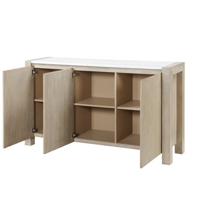 Buffet de rangement style vanille de salle à manger, plateau en marbre, ton en bois naturel, 4 pieds, armoires et tiroir, massif et massif, profondeur de 64,9 po, largeur de 18 po, hauteur de 36 po, buffet de 204,6 lb, beige, naturel, pièce, etc.