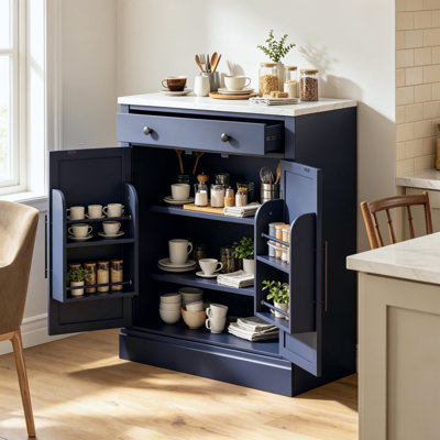 Meuble de cuisine moderne autoportant avec tiroir, 2 tablettes réglables et 2 portes, idéal pour le rangement des aliments et le coin café. Couleur : bleu.