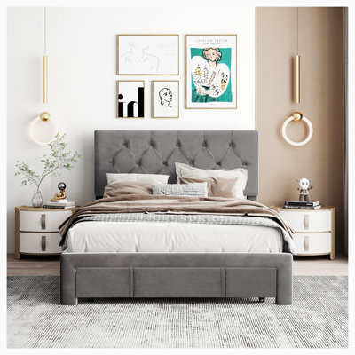 Creationstry Tufted Upholstered Storage Bed,Wooden Frame Platform Bed with a Big Drawer -  Red Barrel StudioÂ®, C19A86EDF0054A30AAA580AED7320CED