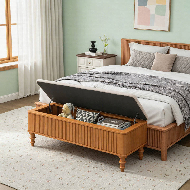 50.8" Linen Storage Ottoman Bench with Rubberwood Frame, Multi-Functional Bedroom Entryway Bench, Natural, Natural
