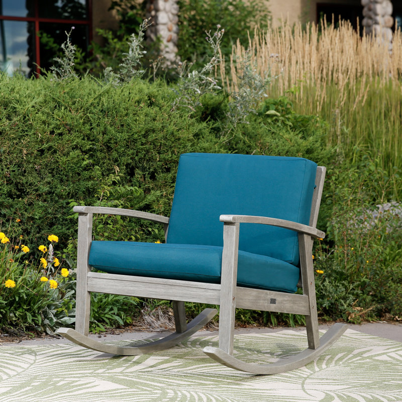 Chaise berçante en bois massif avec coussins Buecker, Bois flottant gris, Vert foncé