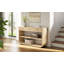 Console moderne courbée avec 3 tiroirs à fermeture en douceur et 2 tablettes ouvertes, base en bois massif, table de vestibule pour le vestibule du salon-2105649932
