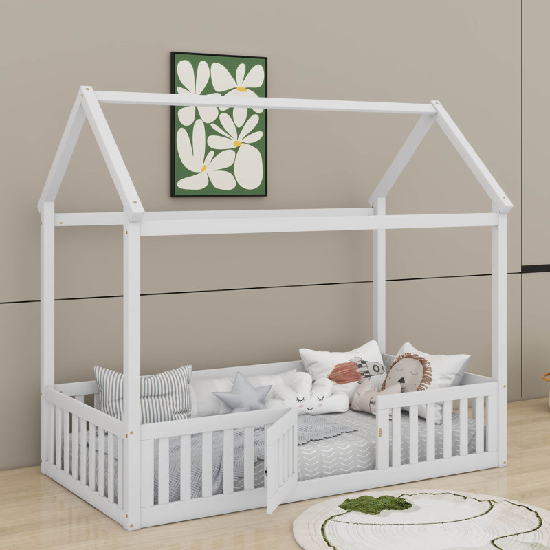Lit en bois avec clôture et porte, Lit simple, Blanc