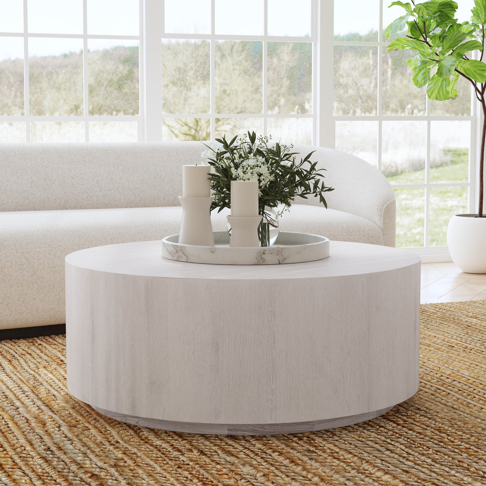 Taryn 42" Drum Coffee Table, White Wash