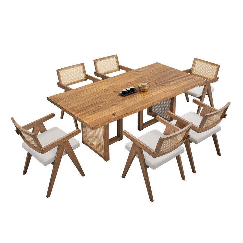 Mid-Century Modern Rectangular Waves Dining Table Set With Rattan Weave Design