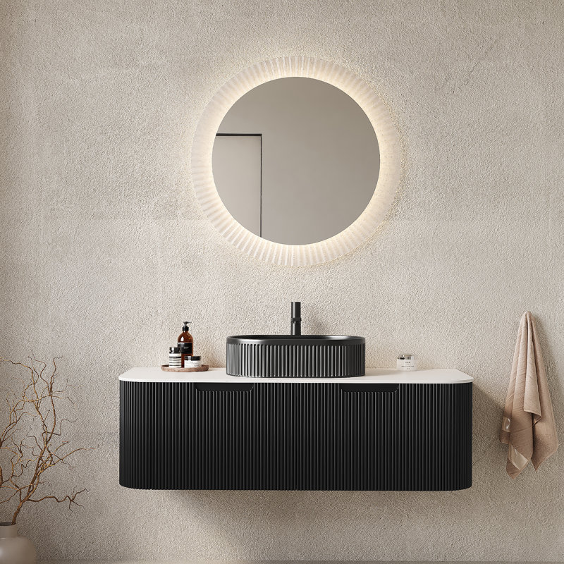 Meuble-lavabo de salle de bain 48 po avec lavabo, meuble-lavabo mural moderne à bords arrondis avec 2 tiroirs, vasque en céramique noire sans robinet, pré-assemblé, couleur noire