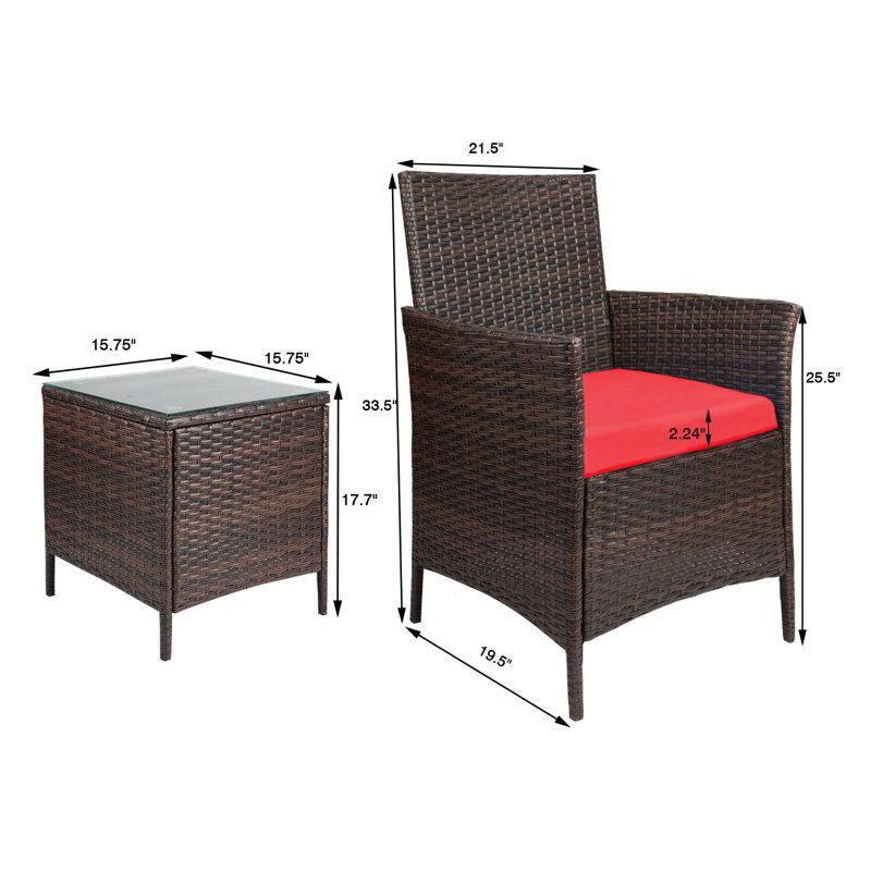 Ensemble de conversation en rotin 3 pièces avec coussins Elkview, Structure brune / coussin rouge, Brun