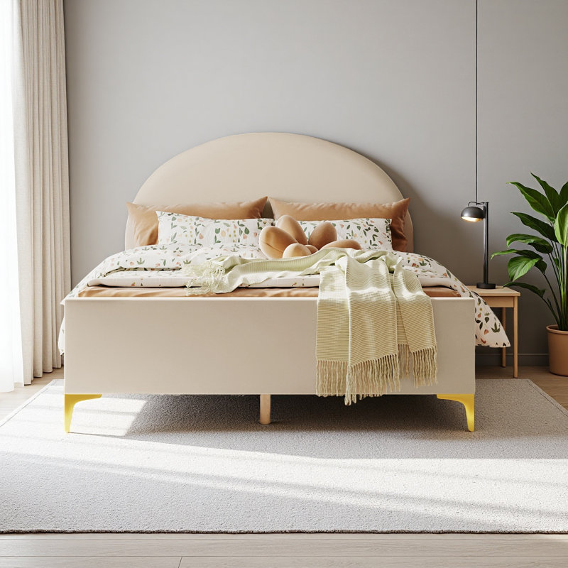 Lit plateforme tapissier avec tête de lit demi-cercle classique et pieds mentaux, velours, Beige, Lit double