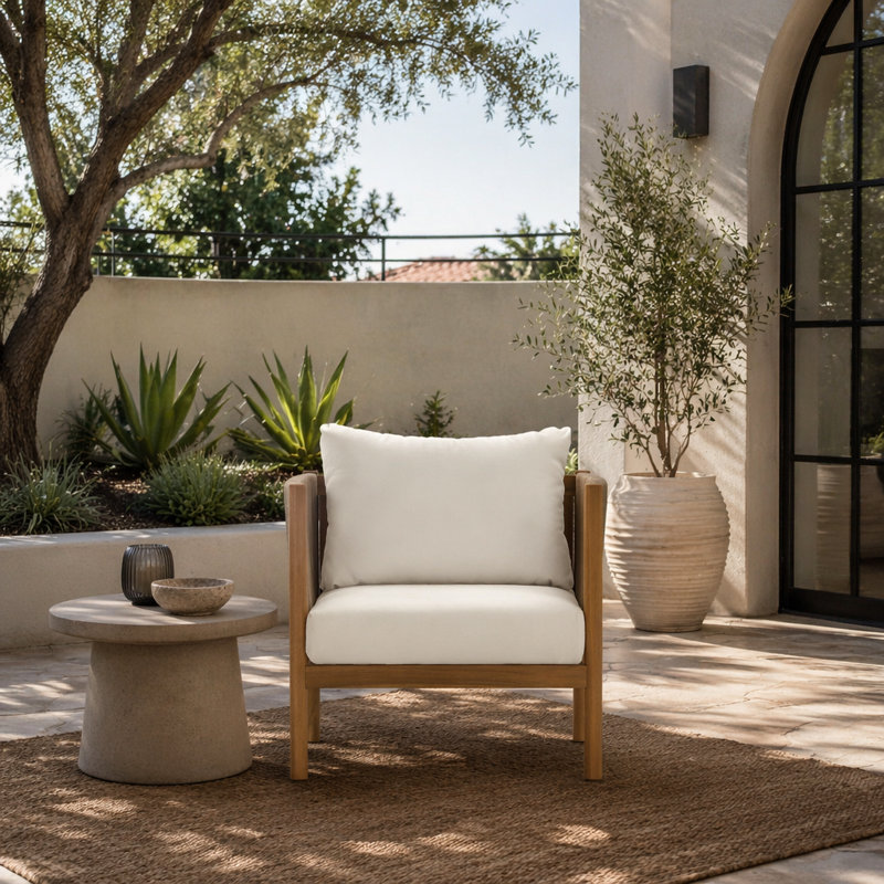 Fauteuil club d'extérieur avec structure en bois d'acacia d'aspect teck, panneaux de corde beige et coussins crème