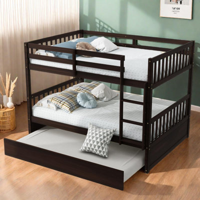 Full Over Full Bunk Bed with Twin Trundle, Ladder, Guardrails and Convertible 2-Bed Design