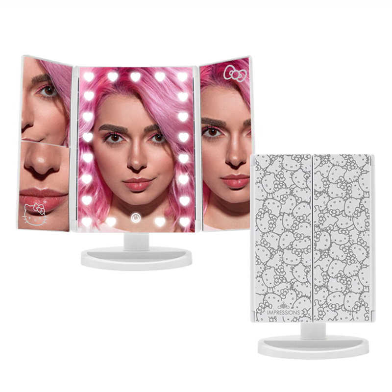 Hello Kitty Mirror with LED Lights, Trifold Makeup Mirror with Touch Sensor, Magnifying Mirror