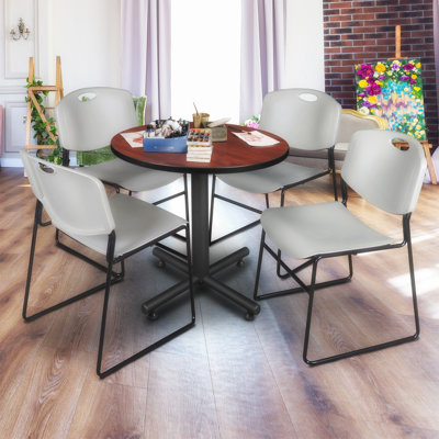 Nicklos Round X-Base Breakroom Table, 4 Zeng Stack Chairs