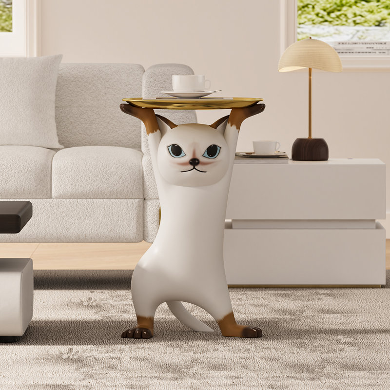 Modern Cat Side Table Floor Resin Figurine with Gold Tray End Table