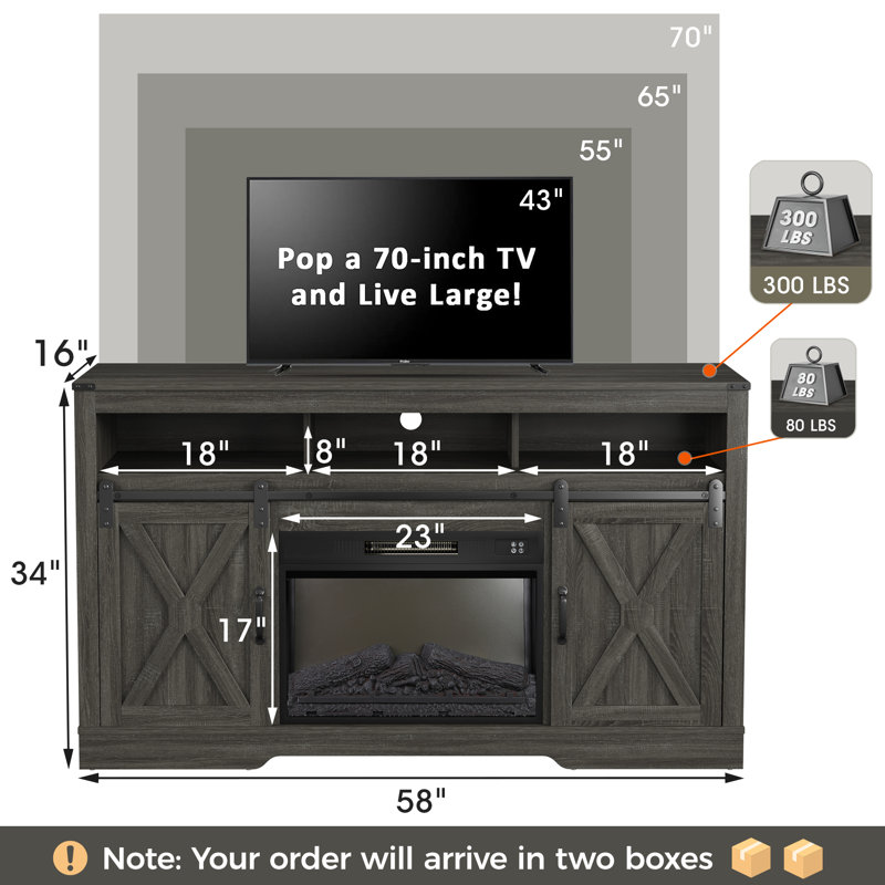 Brandt 58" Media Console TV Stand with Electric Fireplace, Gray