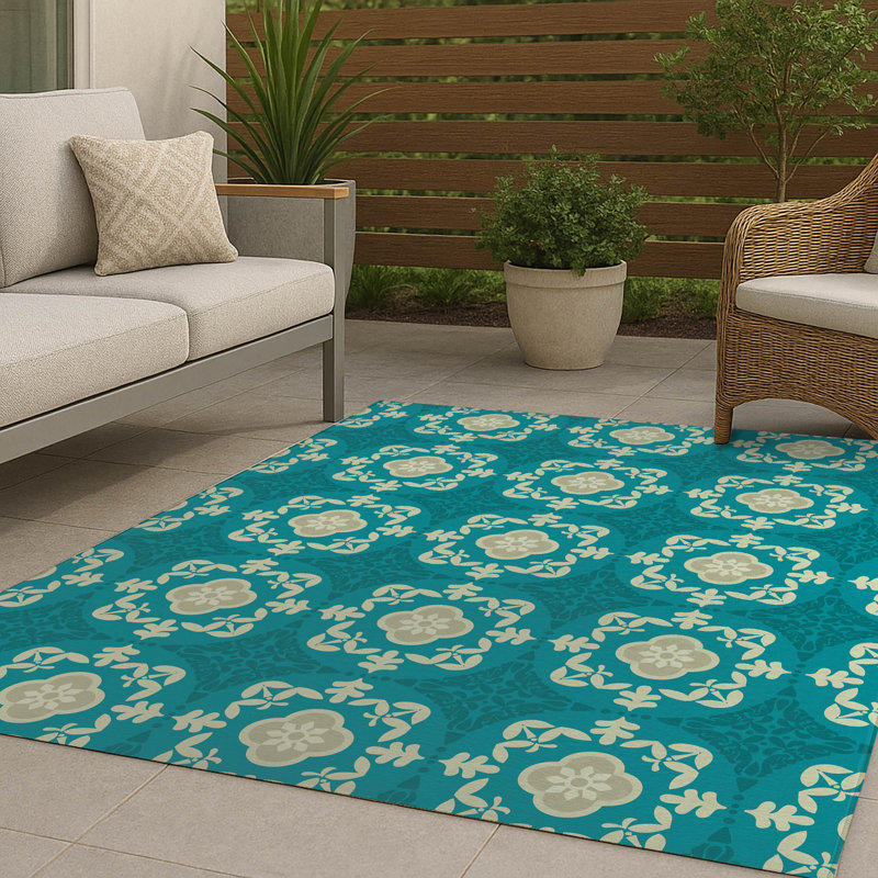 Tapis d'extérieur antidérapant Edan, Sarcelle, Rectangle 96 po x 120 po