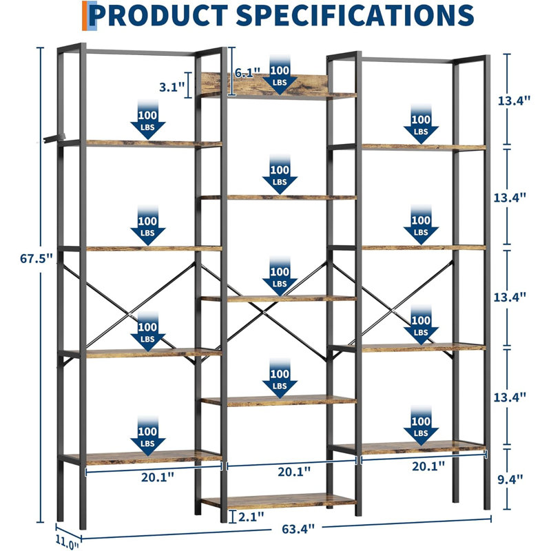Triple Column 5-Tier Bookshelf, Rustic Industrial Bookshelf With Frame, Brown