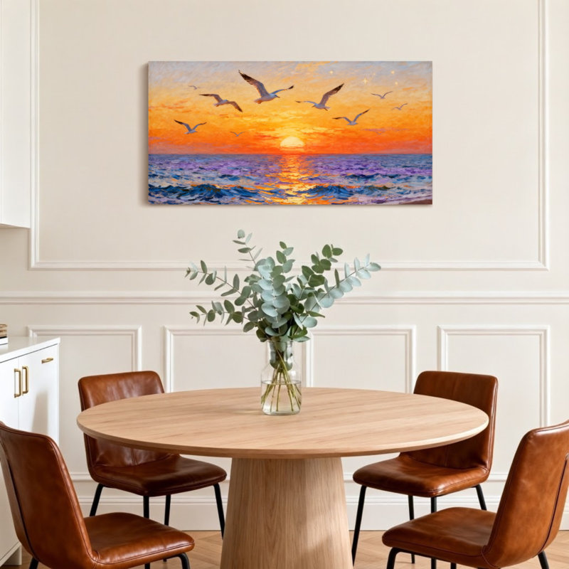 Paysage et nature, coucher de soleil, vagues océan, mouettes, reflet du ciel, toile, H 20 po x l 40 po