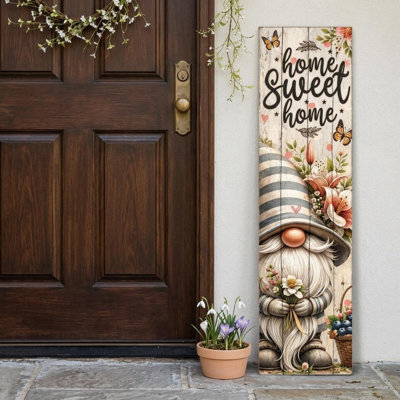 Panneau de porche « Home Sweet Home » en bois massif gris et blanc cassé de 91 cm (36 po) avec un gnome.
