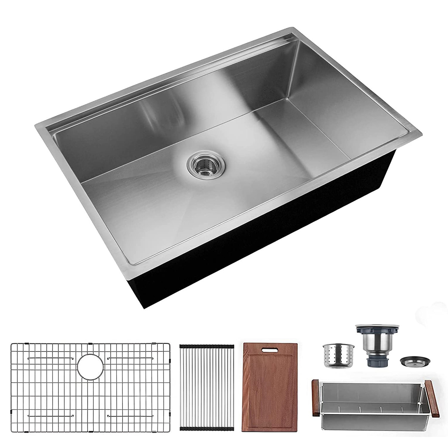 CASAINC 32 in. Undermount Double Bowl 18 Gauge Brushed Stainless Steel Kitchen Sink with Bottom Grid and Basket Strainer