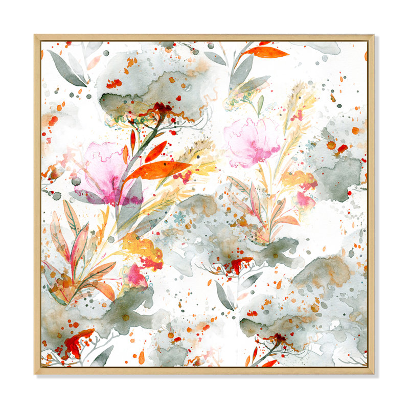 Herbe et plumes en couleurs d'automne I - Peinture sur toile, Cadre érable, H 17 po x l 17 po