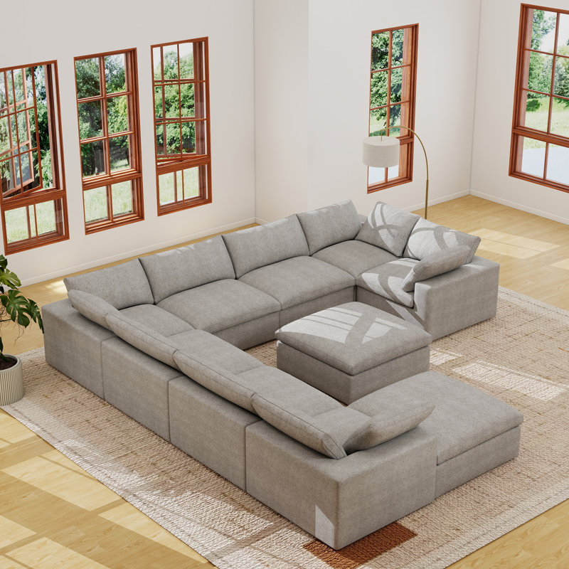 Canapé modulaire rembourré en lin avec repose-pieds 10 pièces Kenda, Mélange de lin gris clair / lin