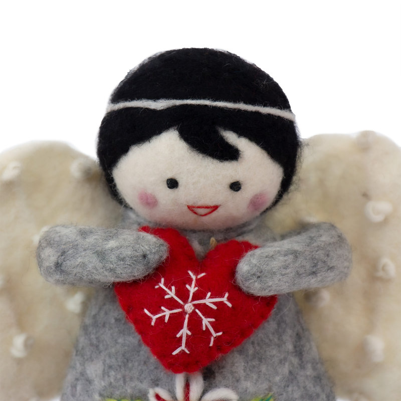 Handmade Grey Felt Angel Tree Topper with Floral Design