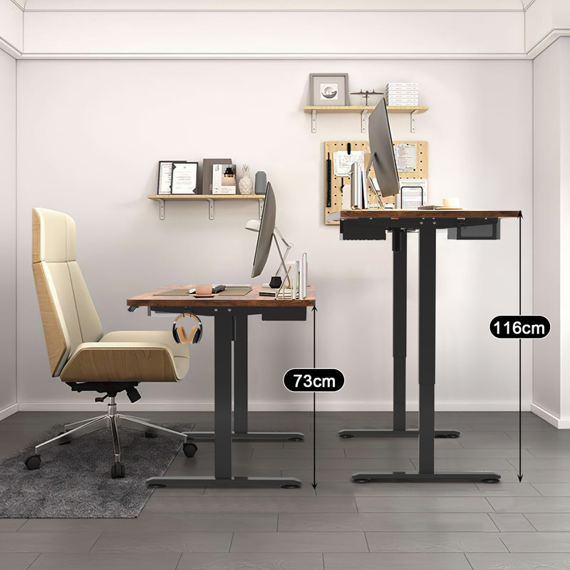 Alvana Adjustable Metal Base Standing Desk, Walnut, Black, 116cm H x 100cm W x 60cm D