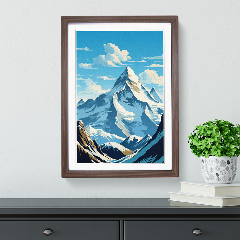 Mount Everest Art Deco No.3 - Single Picture Frame Print on Wood, 46cm H x 34cm W x 2cm D, Walnut