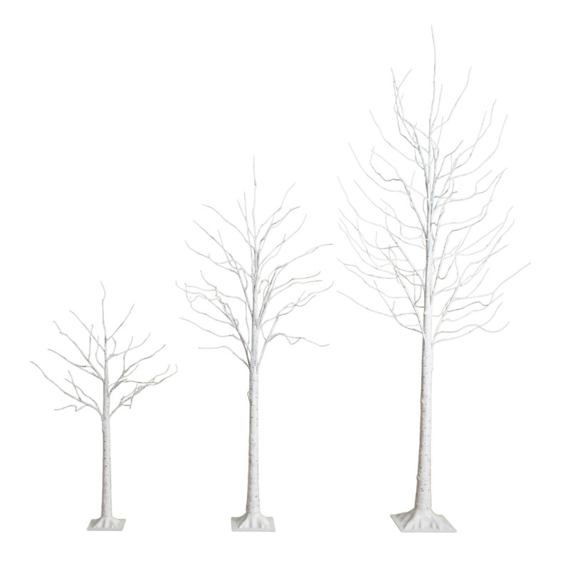 4Ft. 6Ft. 8Ft. Pre-Lit Artificial White Birch Trees With LED Lights - Set Of 3