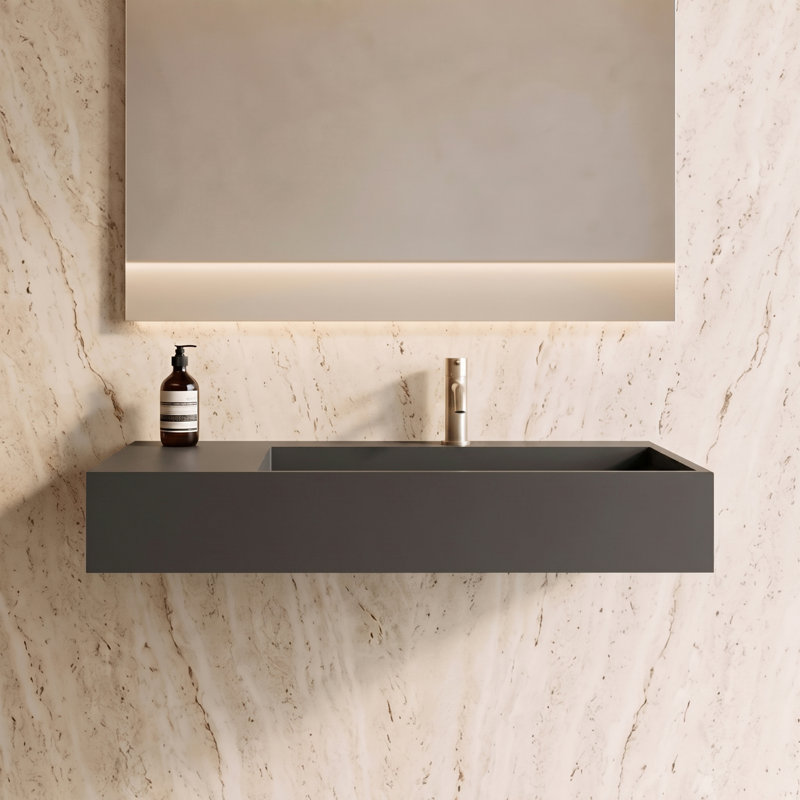 Juniper 36" Right Basin Rectangular Wall Mounted Bathroom Sink with Concealed Drain - Gray, With Faucet Hole, Gray, Single