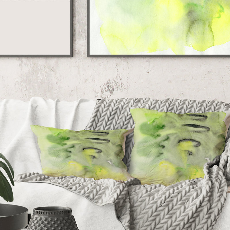 Coussin décoratif abstrait à motif abstrait vert et jaune, 18" x 18"