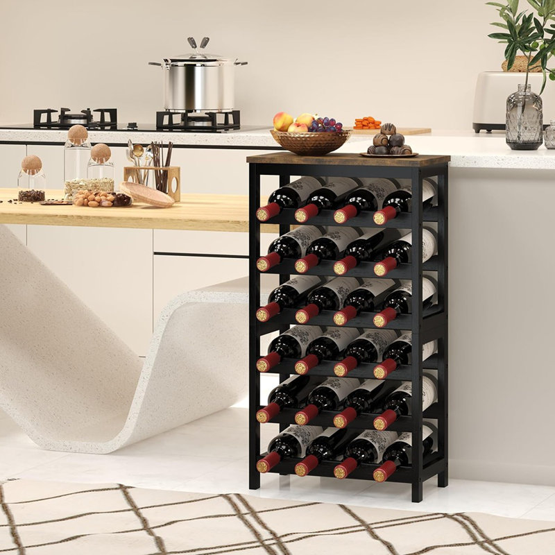 Support à vin empilable pour 24 bouteilles - Tablettes de rangement avec plateau de table pour la cuisine, le bar ou la salle à manger, brun rustique