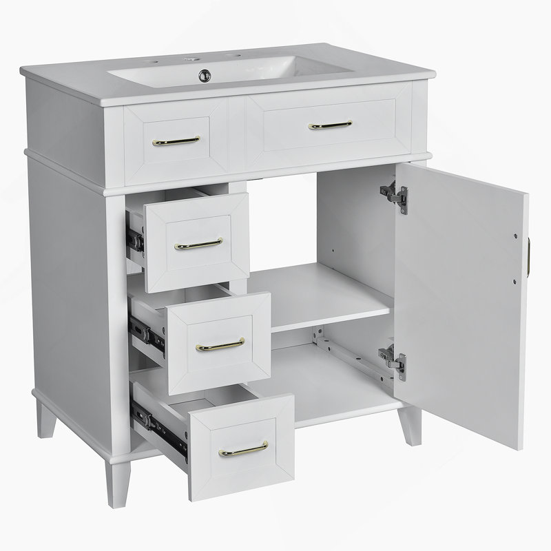 Meuble-lavabo de 30 pouces avec lavabo en céramique, tablette réglable, porte à fermeture en douceur et trois tiroirs à fermeture en douceur