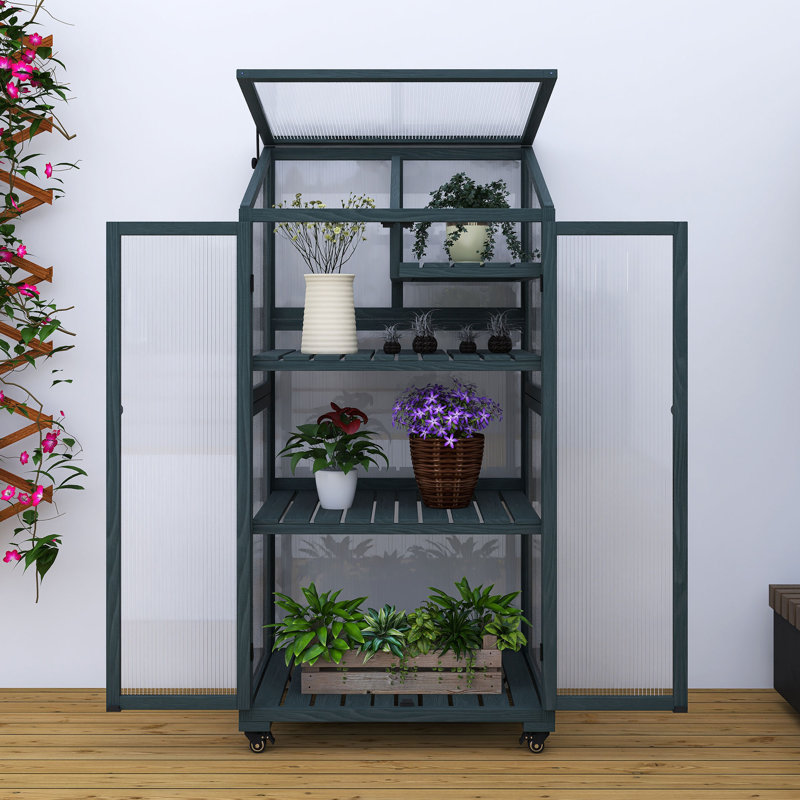 62 In. Wood Portable Greenhouse With Wheels And Adjustable Shelves, Forest Green