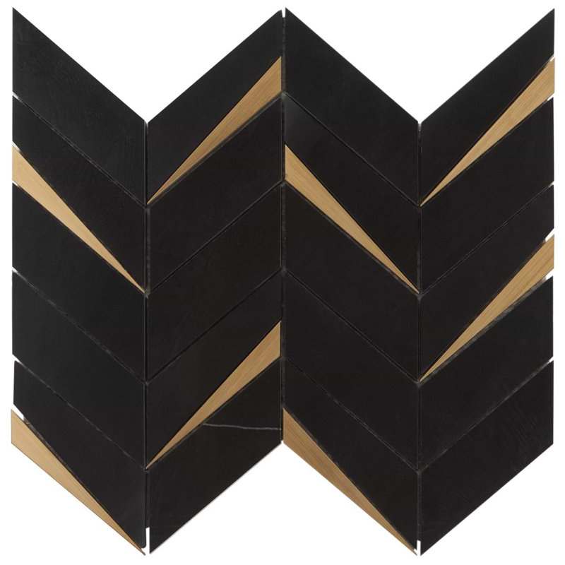 Vara Polished Nero Marble & Brass Mosaic Tile, Nero