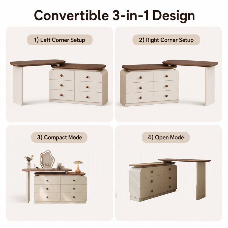 Bureau de coiffeuse extensible et commode à 6 tiroirs, table de maquillage réversible avec plateau en noyer