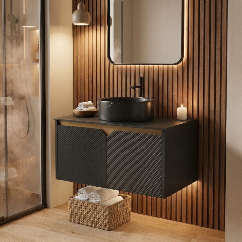 Meuble-lavabo flottant moderne de 30 po avec plateau en pierre frittée noire, portes en sergé géométrique avec garniture dorée et choix de 4 lavabos vasques (noir)