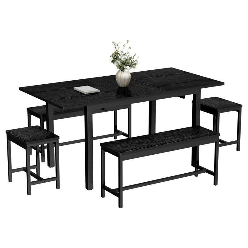 Ensemble de table de salle à manger extensible de 63 pouces pour 8 personnes avec 2 bancs et 2 tabourets carrés, table de salle à manger moderne noire