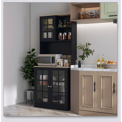 Kitchen Pantry Cabinet, 72" Freestanding Storage Cabinet with Hutch, Large Countertop, Glass Doors