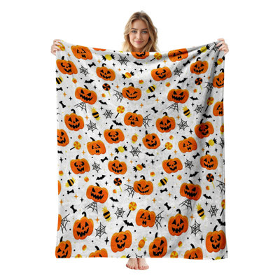 Plaid en flanelle polaire JYK pour l'Halloween, léger, respirant, doux et chaud en microfibre pelucheuse, 127 x 152 cm, motif automne/Halloween