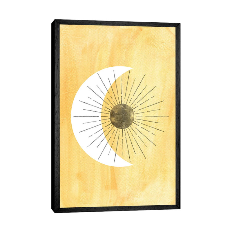Abstract Yellow Sun and Crescent 1 Piece Painting on Canvas, 101.6cm H x 66.04cm W x 3.81cm D, Black Framed