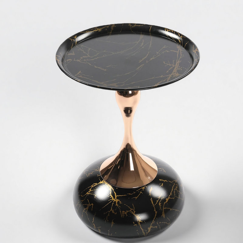 Table d'appoint à plateau rond moderne en métal avec base piédestal, Marbre noir et doré