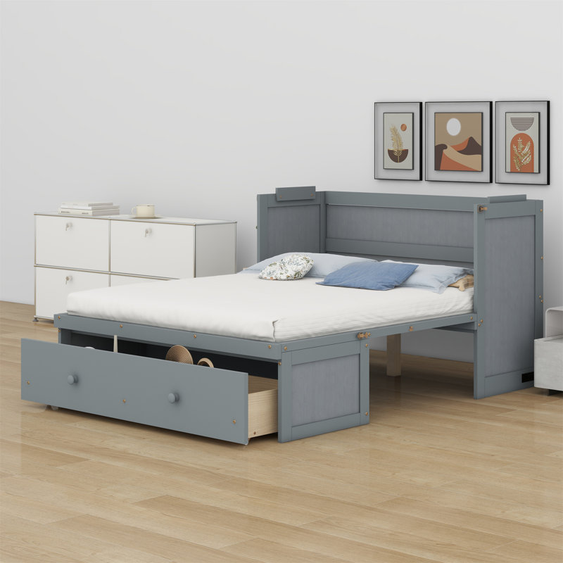 Lit escamotable avec port USB et grand tiroir, Gris, Double