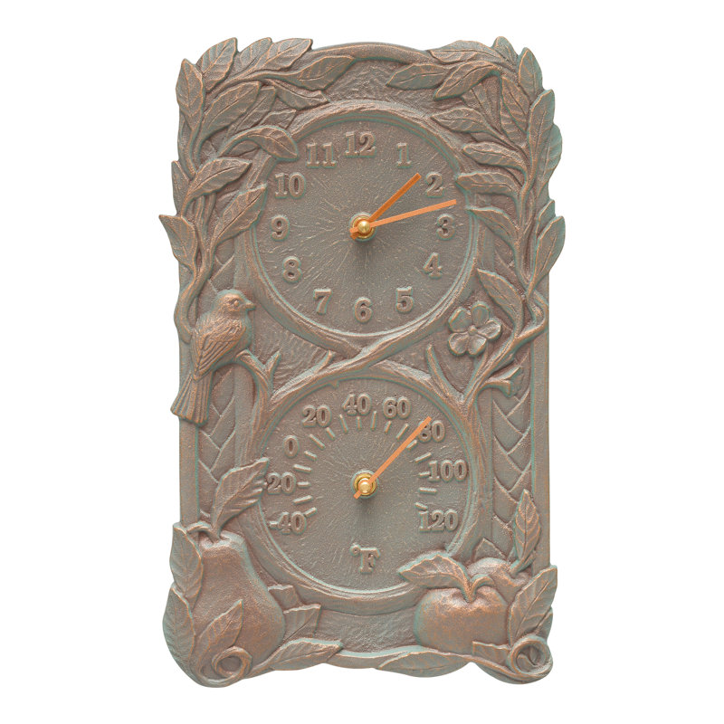 Fruit & Bird Clock Themometer Wall Clock, Verdigris